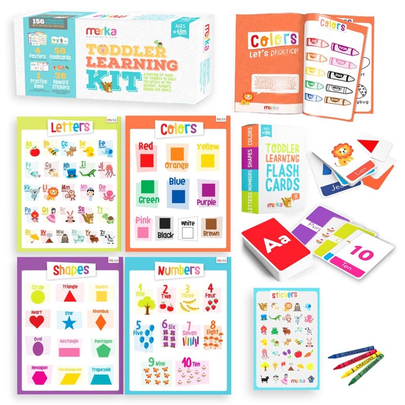 merka PreK & Kindergarten Starter Kit - 58 Flashcards, 4 Posters & 36 Interactive Stickers, Practice Book - Preschool Headstart Flashcards & Homeschool Early Learning Curriculum - Image 1